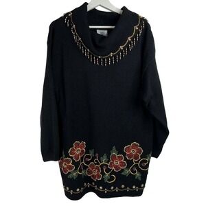 Studio Collection Size L Sweater Beaded‎ Embroidered Holiday Tunic Cowl Neck
